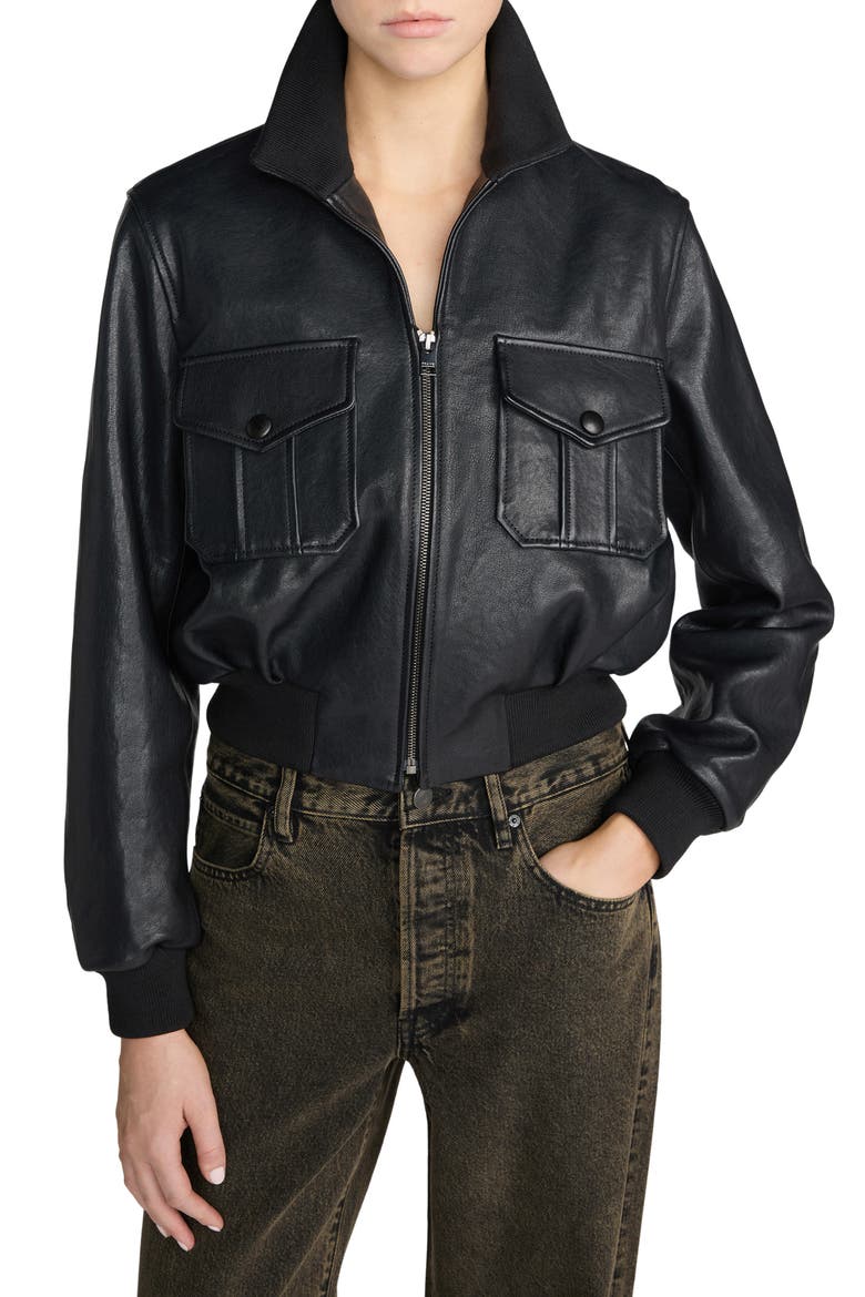 Ace Leather Bomber Jacket, Main, color, BLACK
