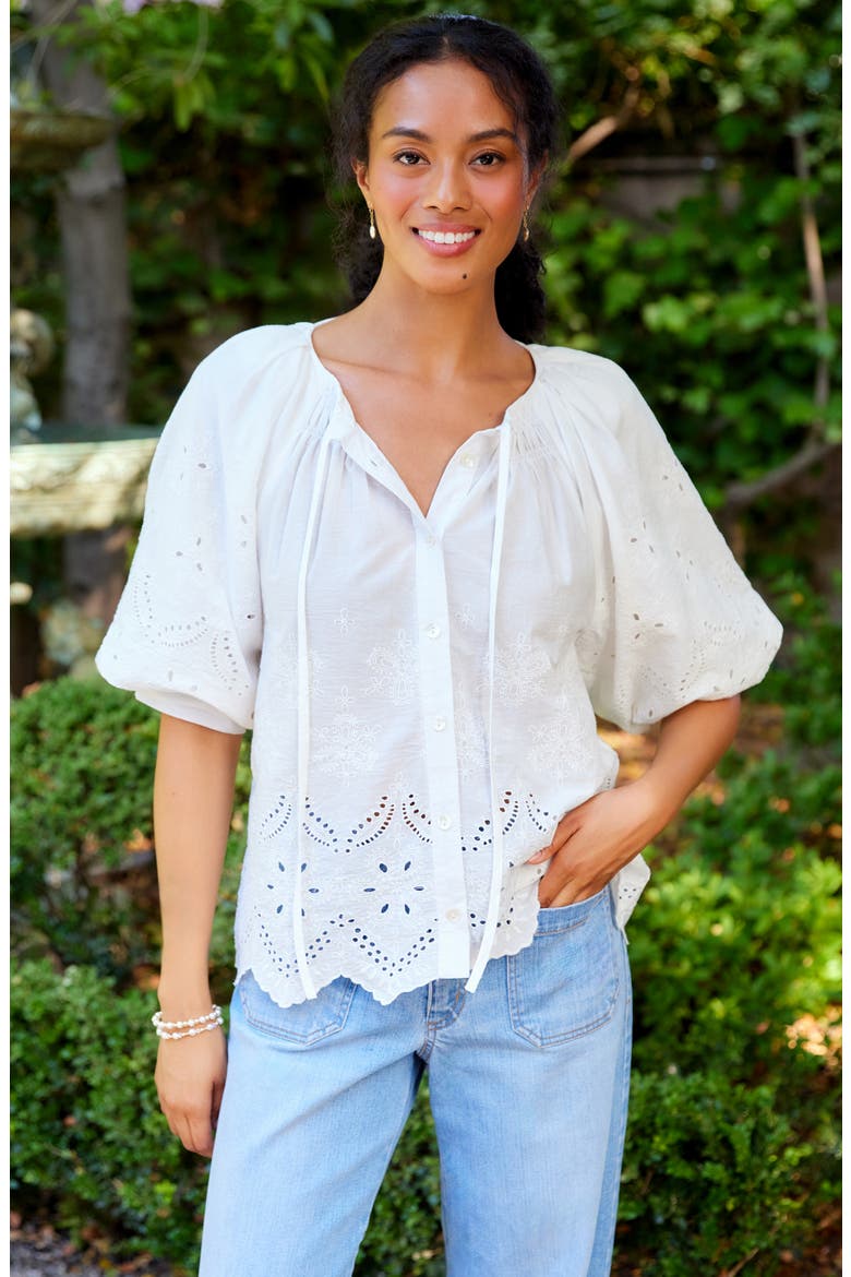 Eyelet Embroidered Cotton Button-Up Top, Alternate, color, WHITE