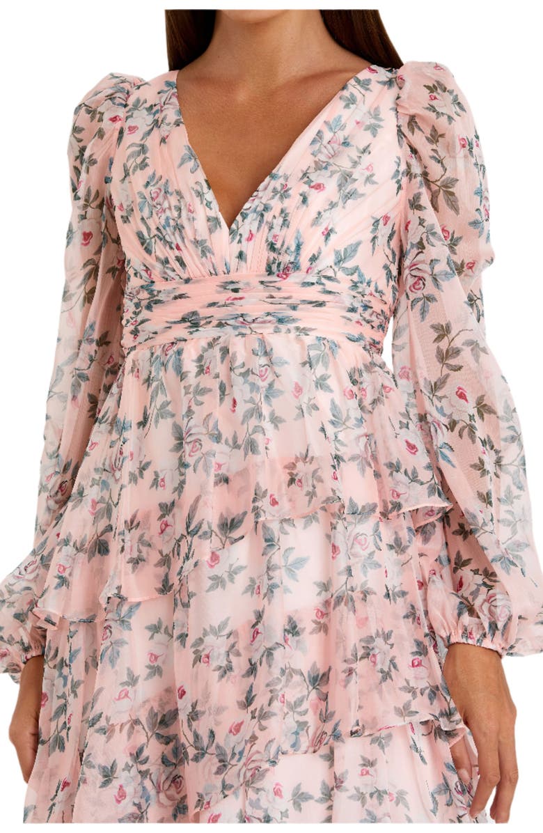 Mac Duggal Elegant Puff Sleeve Floral Midi Dress with A-Line Silhouette and Side Pockets, Alternate, color, Blush Multi