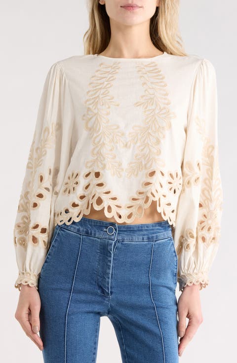 Long Sleeve Eyelet Linen Blend Top