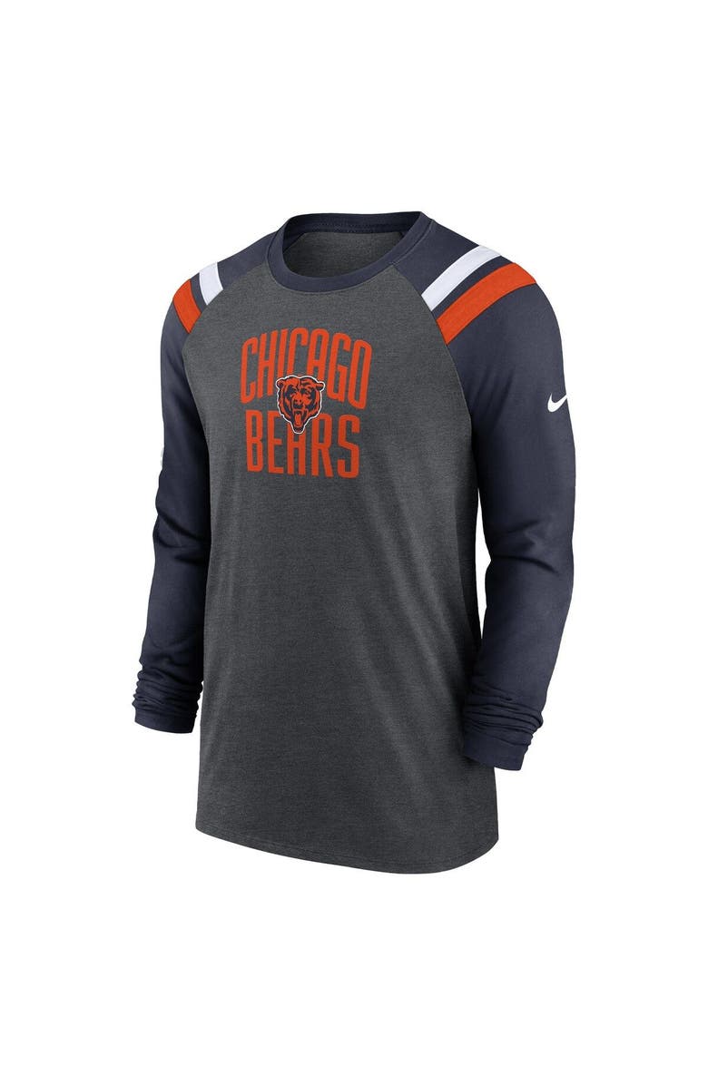 Nike Men's Nike Heathered Charcoal/Navy Chicago Bears Tri-Blend Raglan Athletic Long Sleeve Fashion T-Shirt, Alternate, color, Heather Charcoal