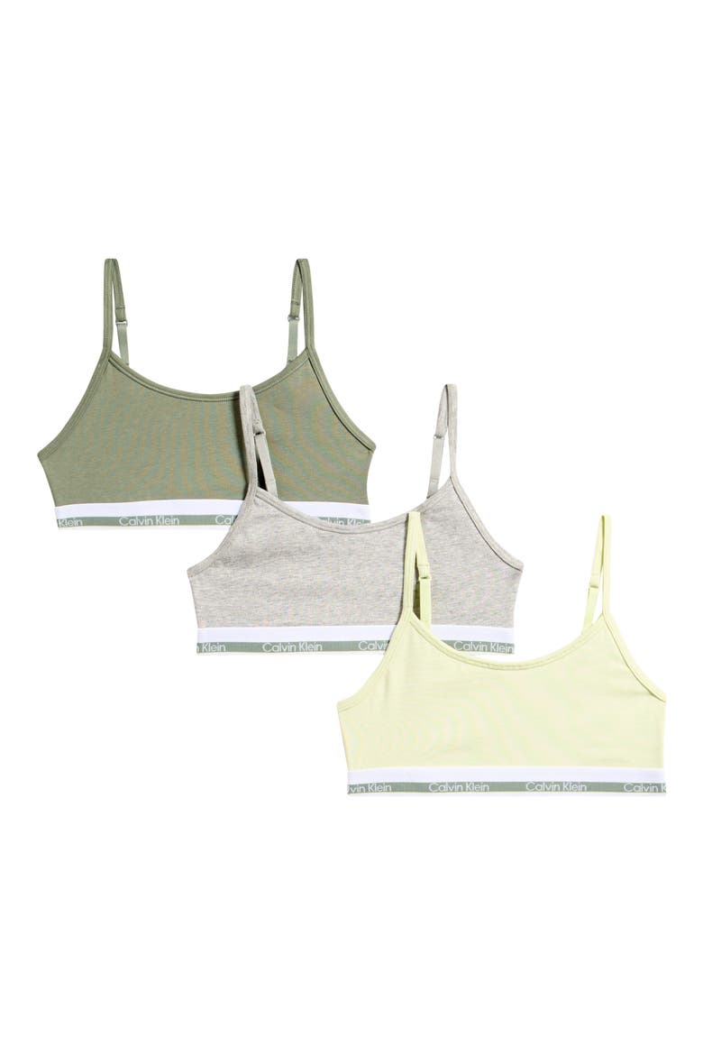 Kids' Assorted 3-Pack Varsity Stretch Cotton Bralettes, Main, color, JADE/ YELLOW/ HEATHER GREY