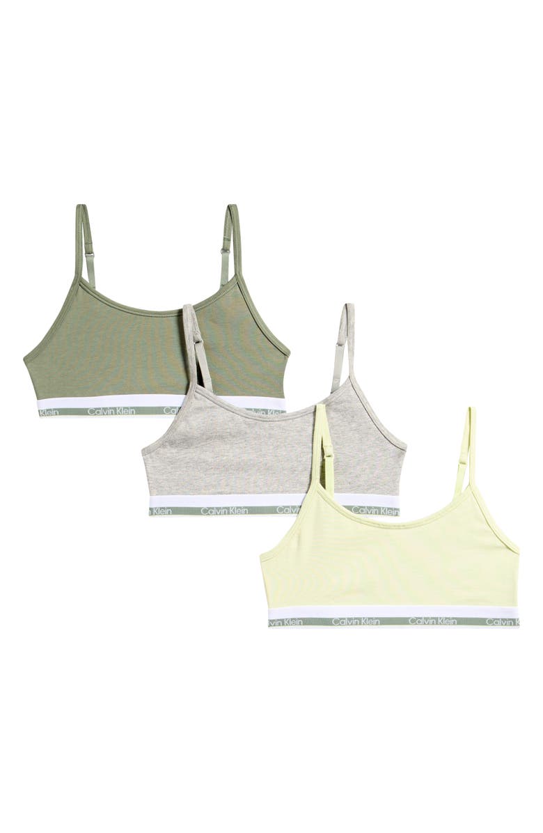 Calvin Klein Kids' Assorted 3-Pack Varsity Stretch Cotton Bralettes, Main, color, Jade/ Yellow/ Heather Grey