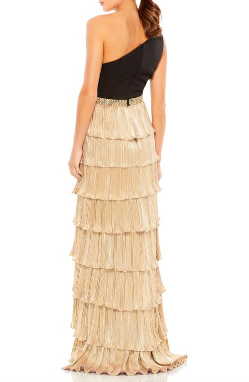 Mac Duggal One-shoulder Ruffle Tiered Gown In Black Gold