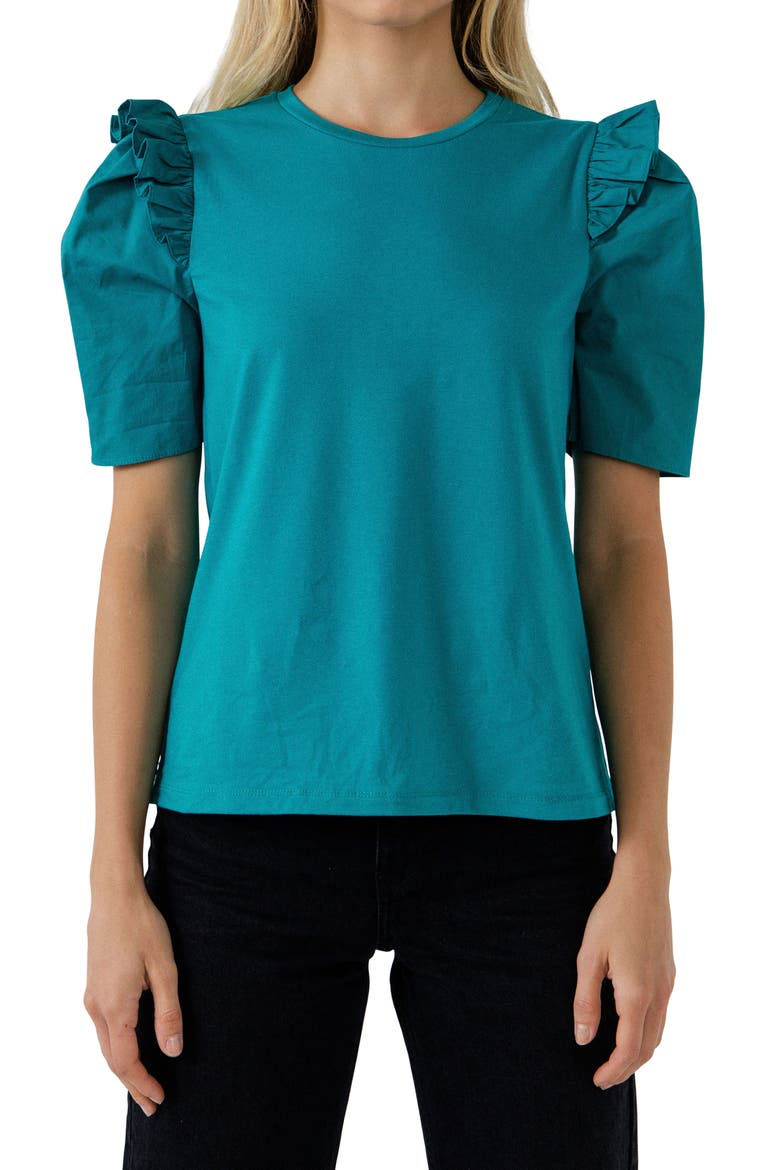 Mini Ruffle Puff Sleeve T-Shirt, Alternate, color, TEAL