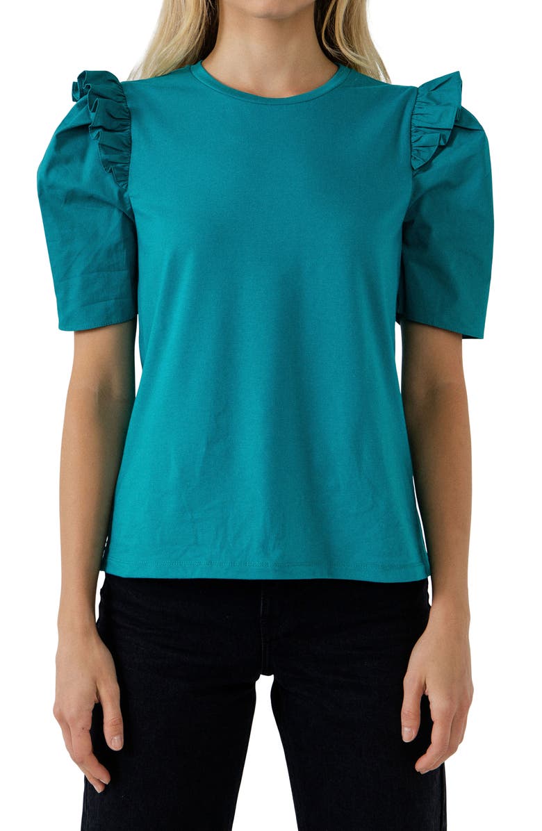 English Factory Mini Ruffle Puff Sleeve T-Shirt, Alternate, color, Teal