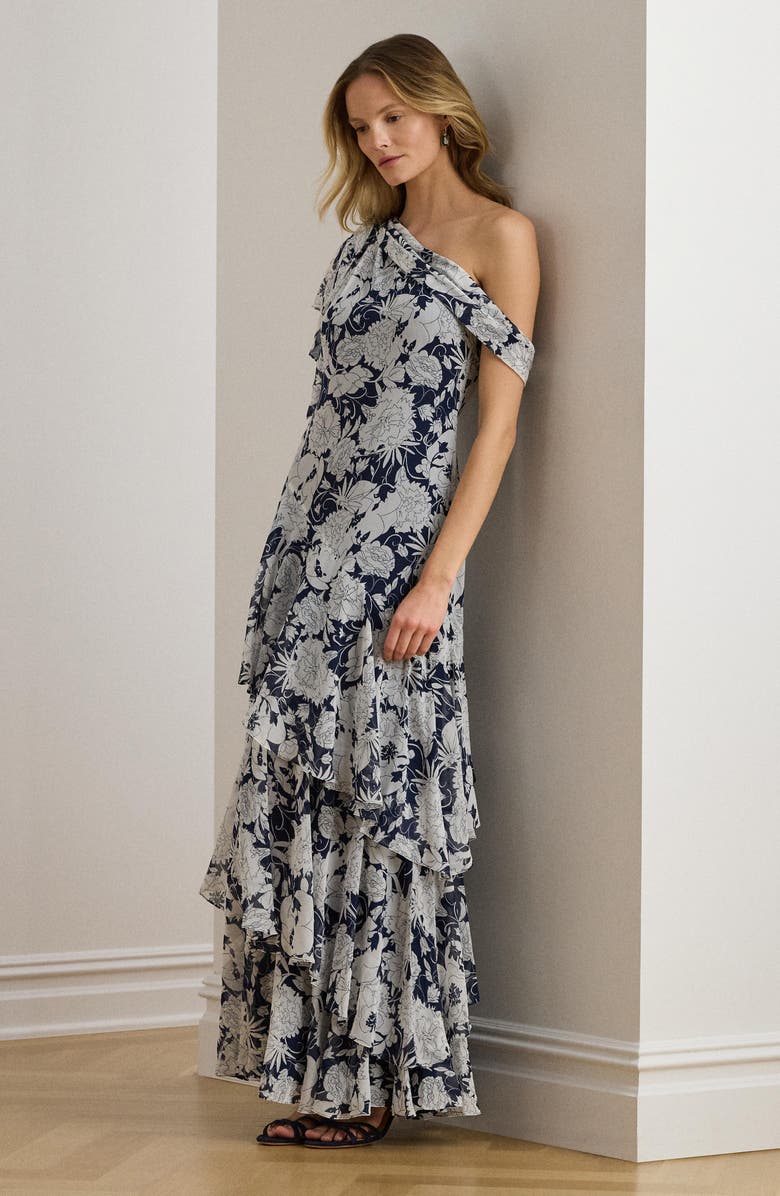 Lauren Ralph Lauren Kanerite Crinkle One-Shoulder Tiered Maxi Cocktail Dress, Alternate, color, White/ Navy