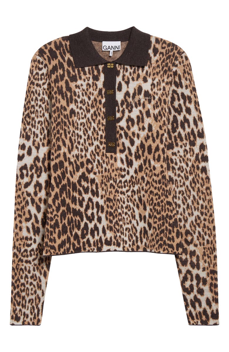 Ganni Leopard Stretch Organic Cotton Polo, Alternate, color, 
