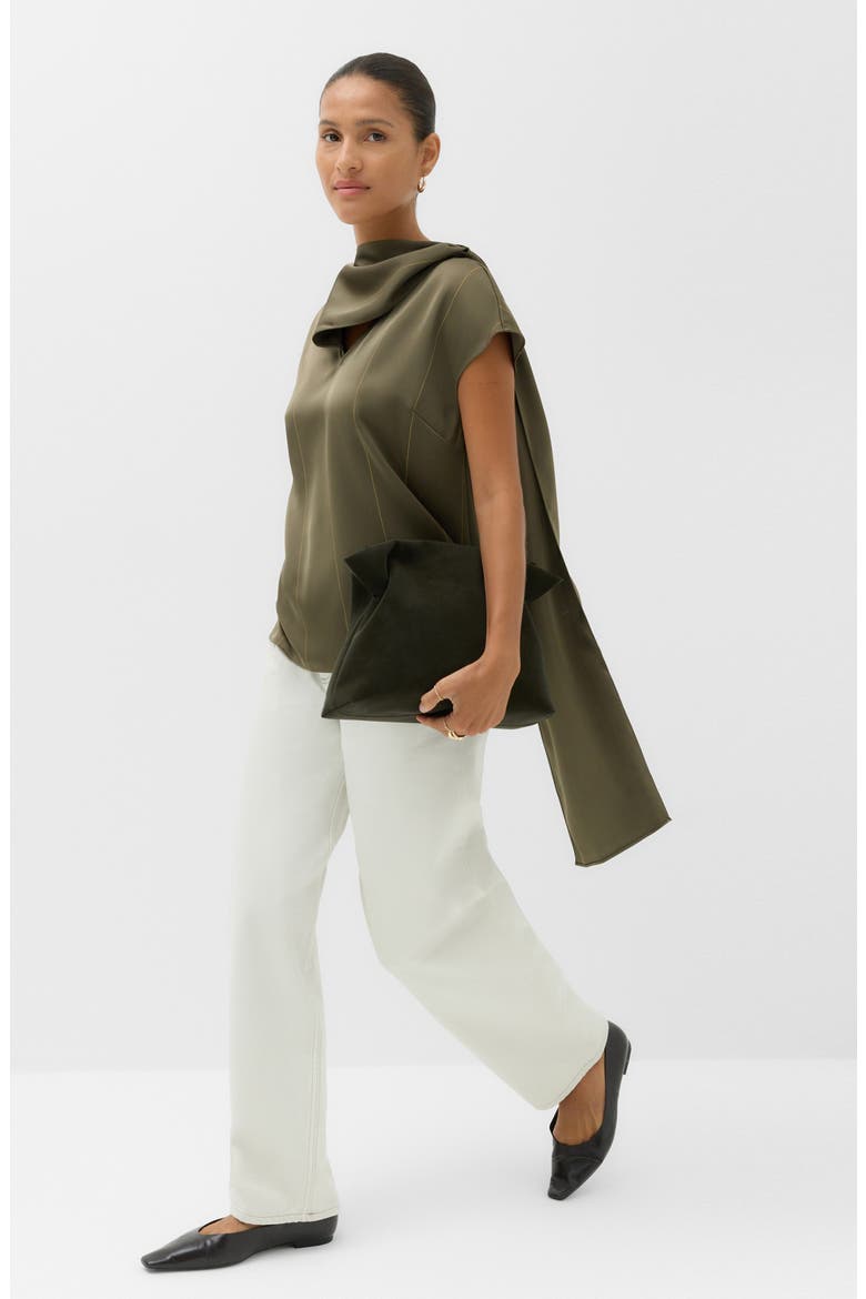 Tie Neck Drape Satin Top, Alternate, color, OLIVE GREEN/ MULTI