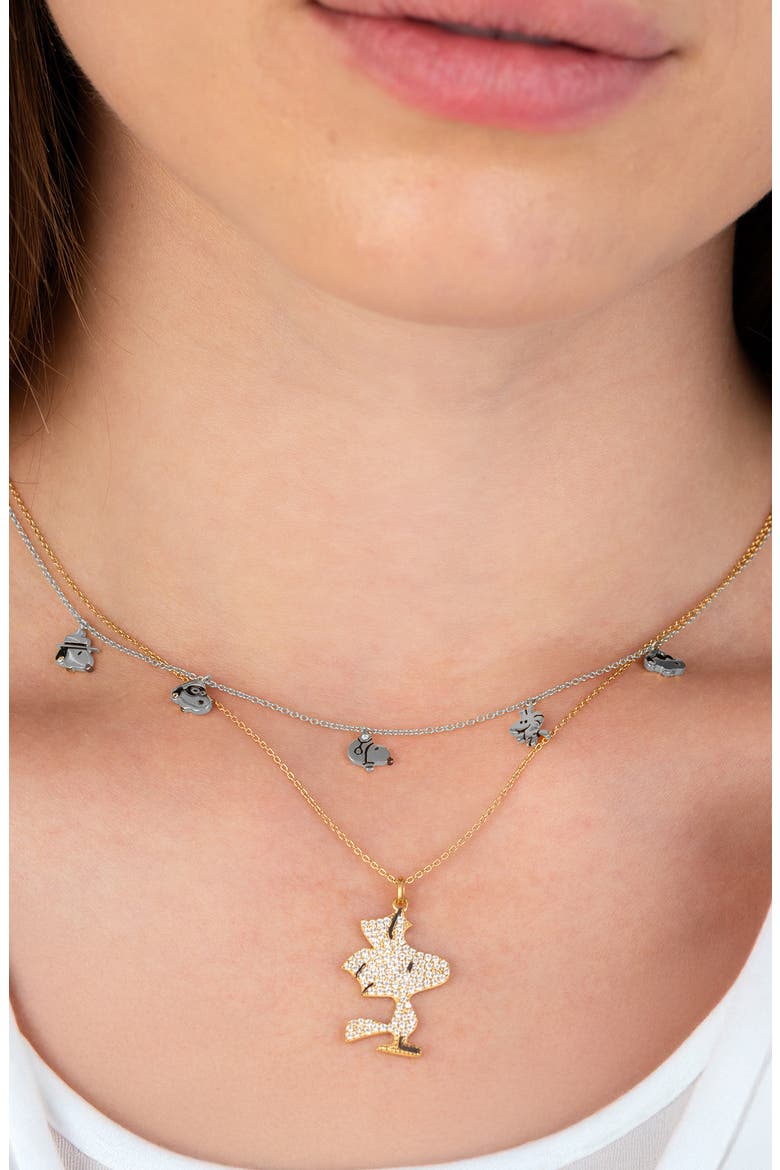 x Peanuts® Snoopy & Woodstock Charm Station Necklace, Alternate, color, PURE PLATINUM / CLEAR STONE