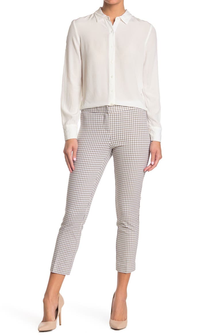 Gingham Print Ponte Ankle Pants, Main, color, KHAWHTGY