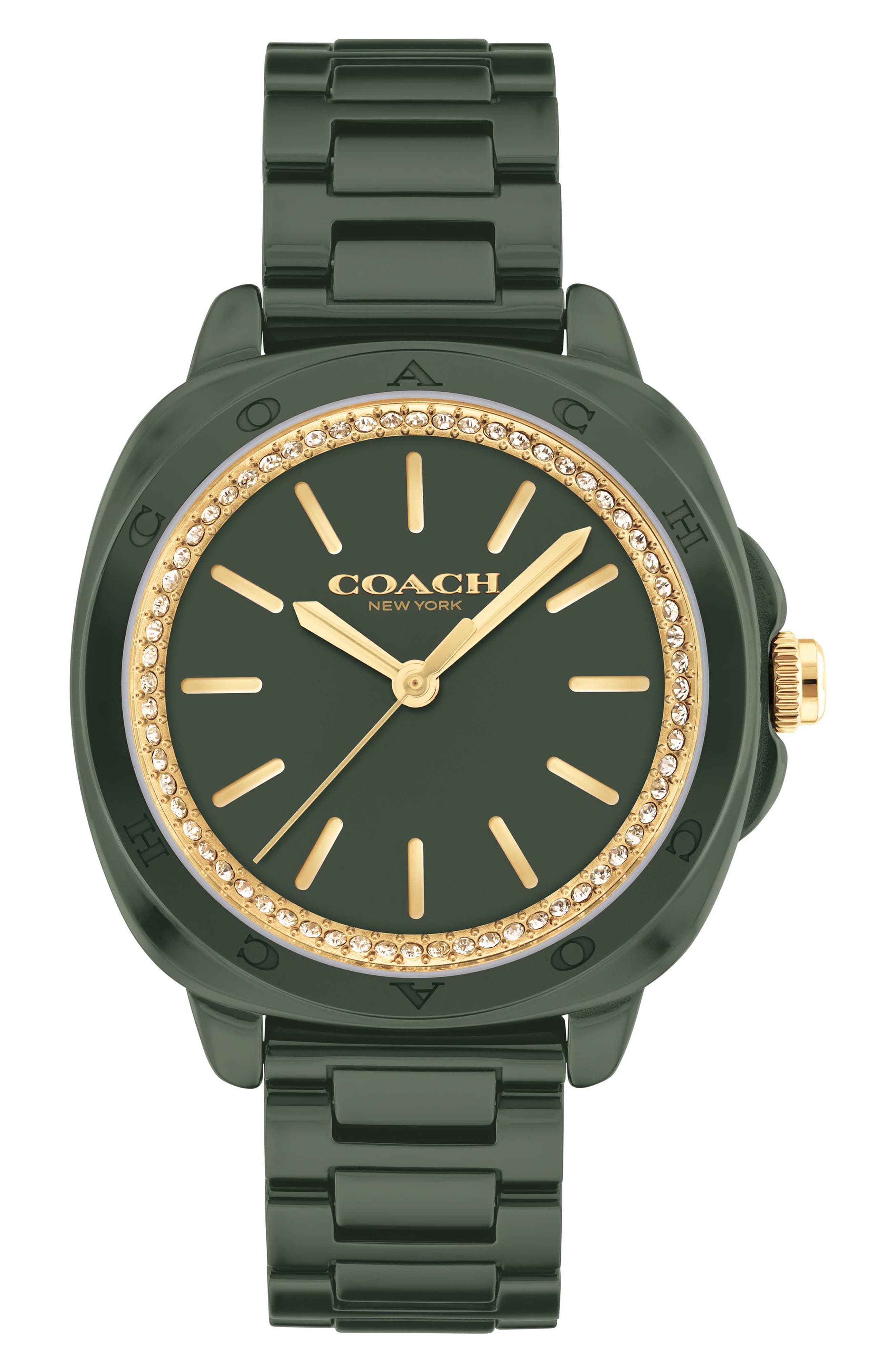 COACH Kitt Crystal Bezel Ceramic Bracelet Watch, 34mm