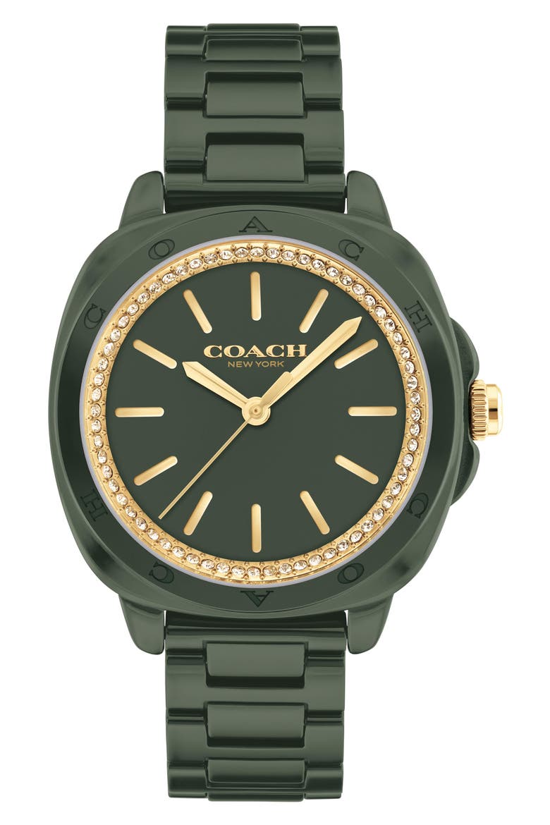 Kitt Crystal Bezel Ceramic Bracelet Watch, 34mm, Main, color, GREEN