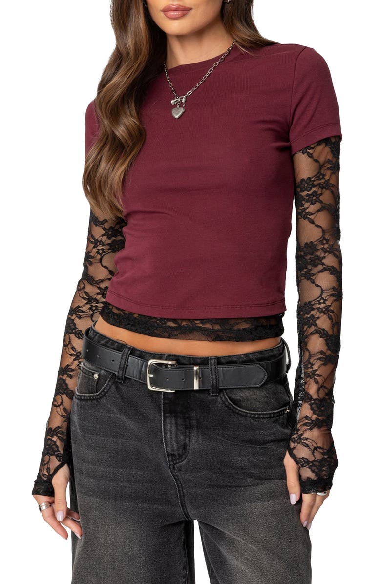 EDIKTED Layered Lace Sleeve T-Shirt, Main, color, Burgundy