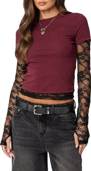 EDIKTED Layered Lace Sleeve T-Shirt