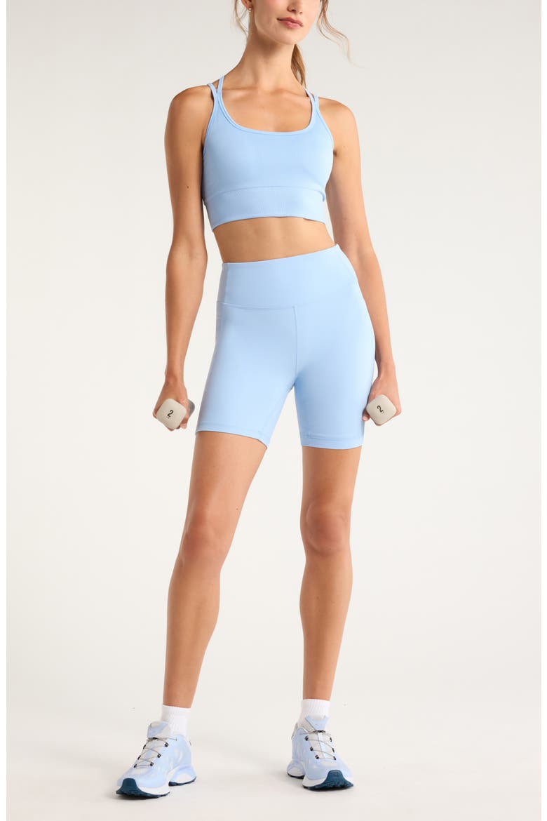 Seamless Strappy Sports Bra, Alternate, color, BLUE PLACID