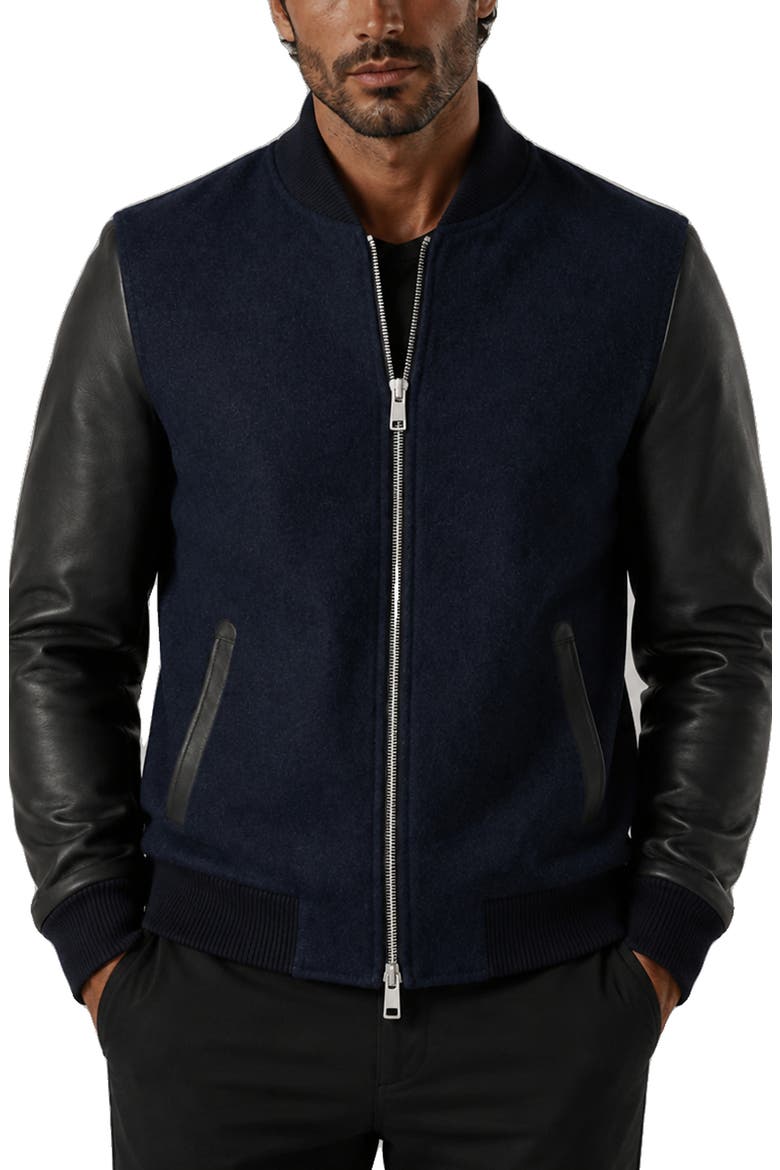 Leather Sleeve Bomber Jacket, Main, color, BLUE