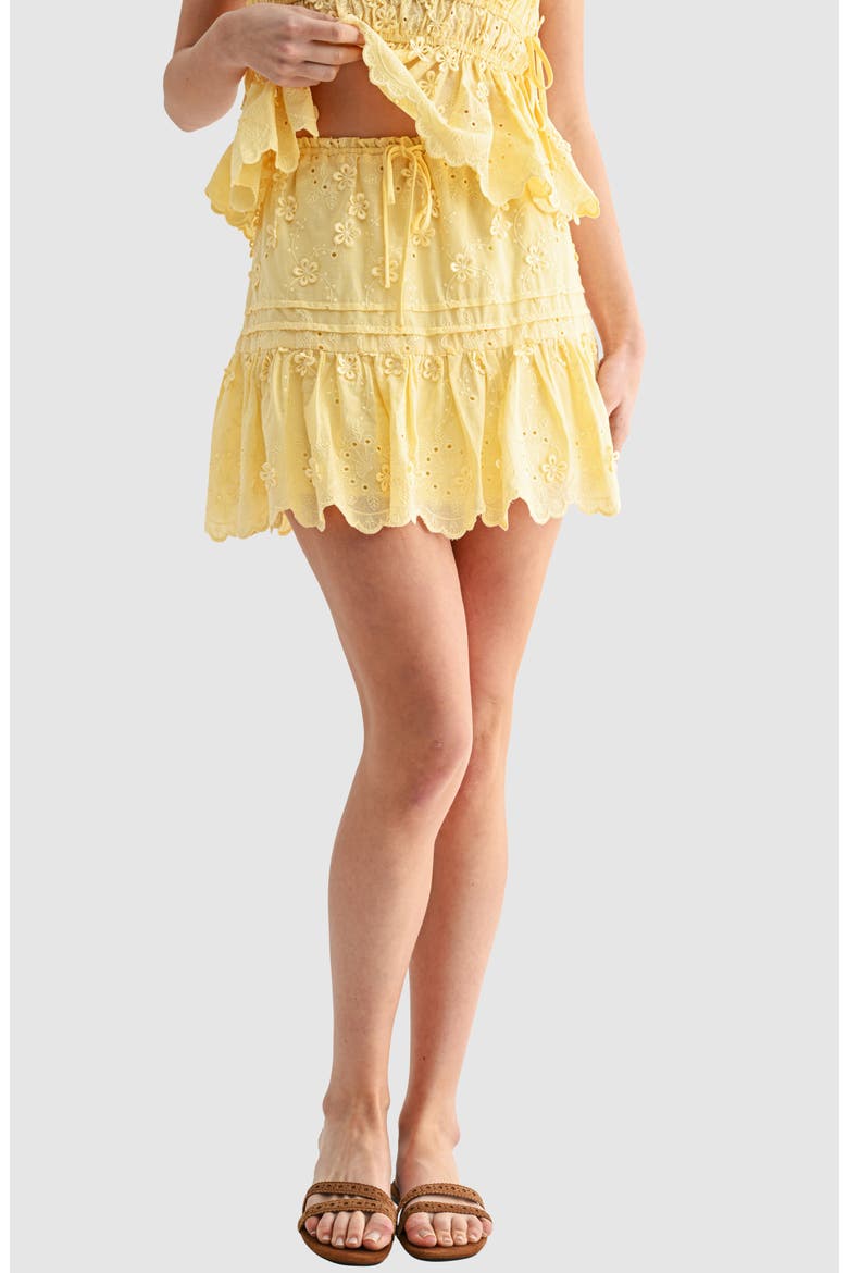 Tiered Embroidered Cotton Eyelet Miniskirt, Main, color, LEMON