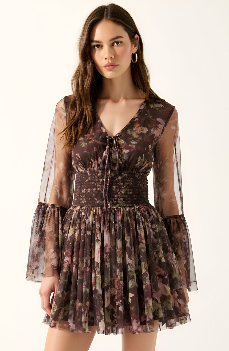 Modenaire Floral Long Sleeve Mini Dress with Smocked Waist and Flared Skirt, Main, color, Brown Floral