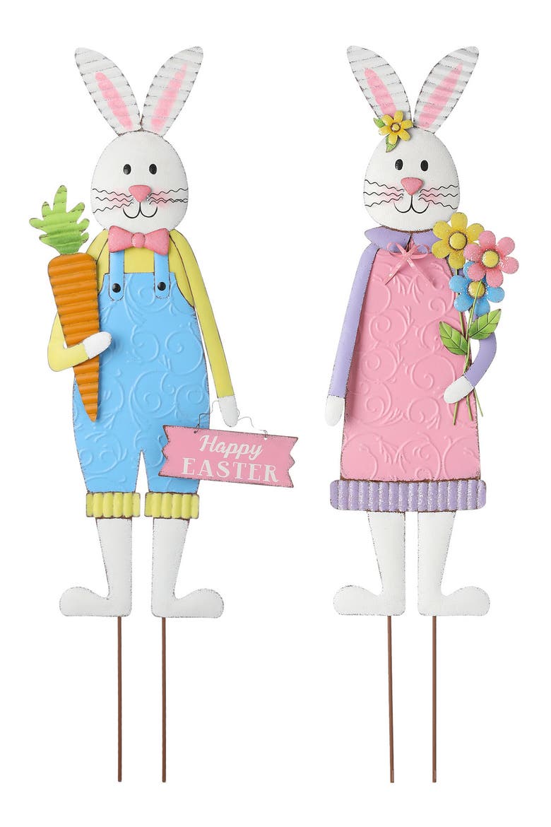 Set of 2 Metal Bunny Boy and Girl Yard Stake or Standing Decor or Wall Decor, Main, color, Blue