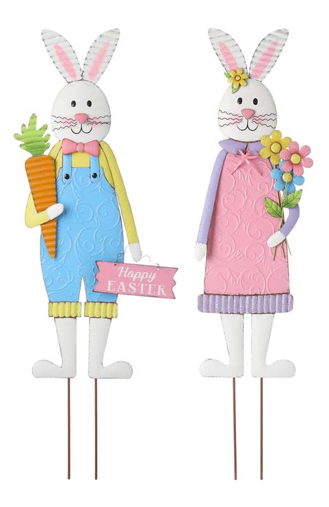 Set of 2 Metal Bunny Boy and Girl Yard Stake or Standing Decor or Wall Decor