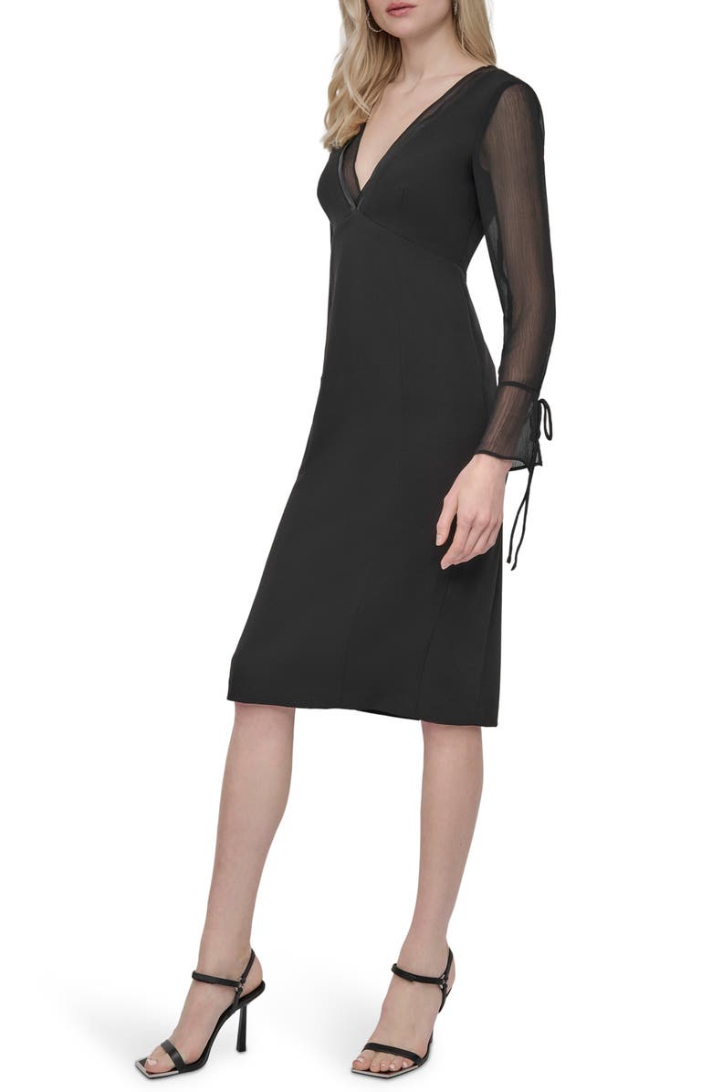 DKNY V-Neck Sheer Long Sleeve Sheath Dress, Alternate, color, Black/ Black