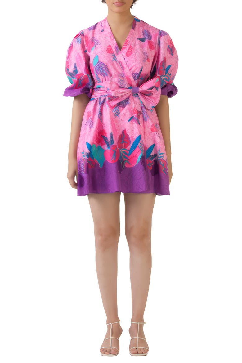 Carly Puff Sleeve Cotton Wrap Dress, Main, color, PINK MULTI