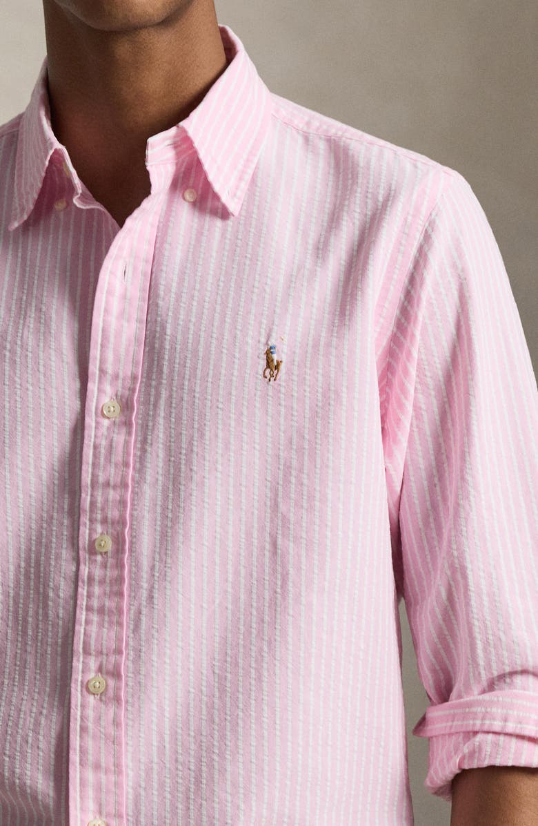 Polo Ralph Lauren Classic Fit Stripe Cotton Seersucker Button-Down Shirt, Alternate, color, 7124B New Rose White