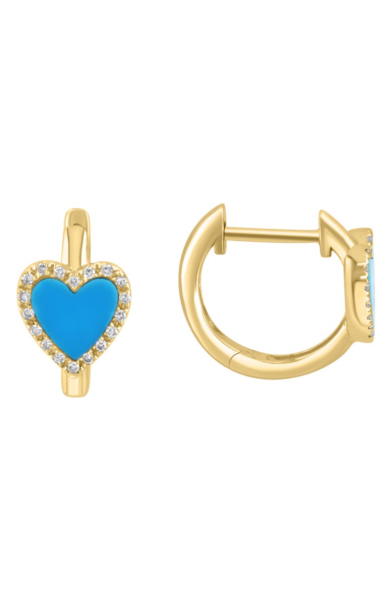 EFFY 14K Gold Diamond & Turquoise Heart Hoop Earrings, Alternate, color,