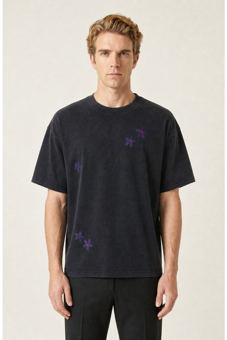 Relaxed Fit Floral Embroidered Crewneck T Shirt with Washed Finish, Main, color, Gray