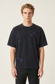 Modenaire Relaxed Fit Floral Embroidered Crewneck T Shirt with Washed Finish