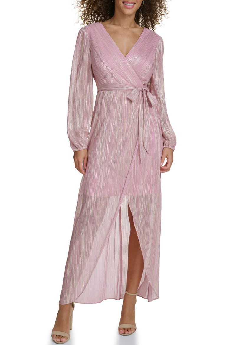Long Sleeve Foiled Woven Faux Wrap Dress, Main, color, PINK/ GOLD