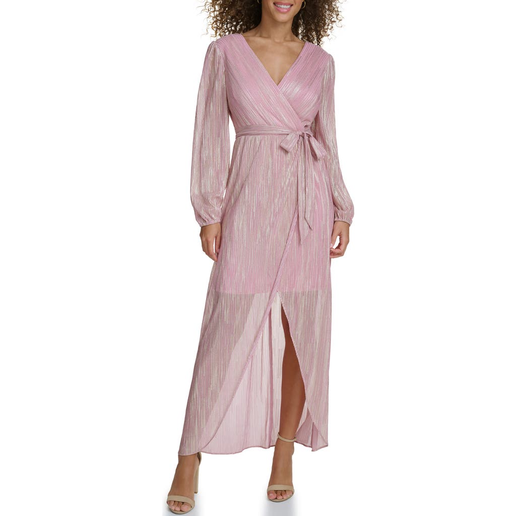 Siena Long Sleeve Foiled Woven Faux Wrap Dress In Pink/gold