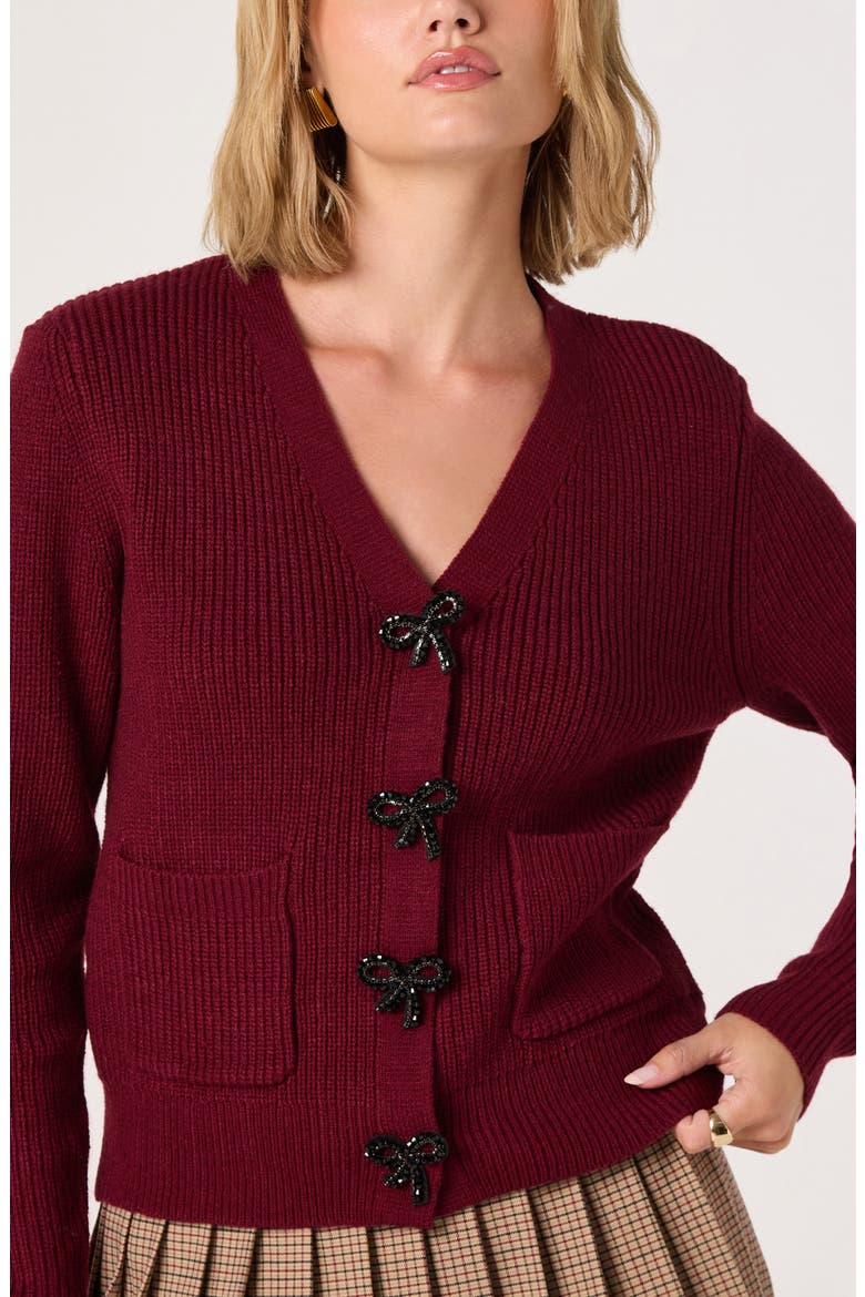 Crystal Embellished Bow Detail Cardigan, Alternate, color, BURGUNDY