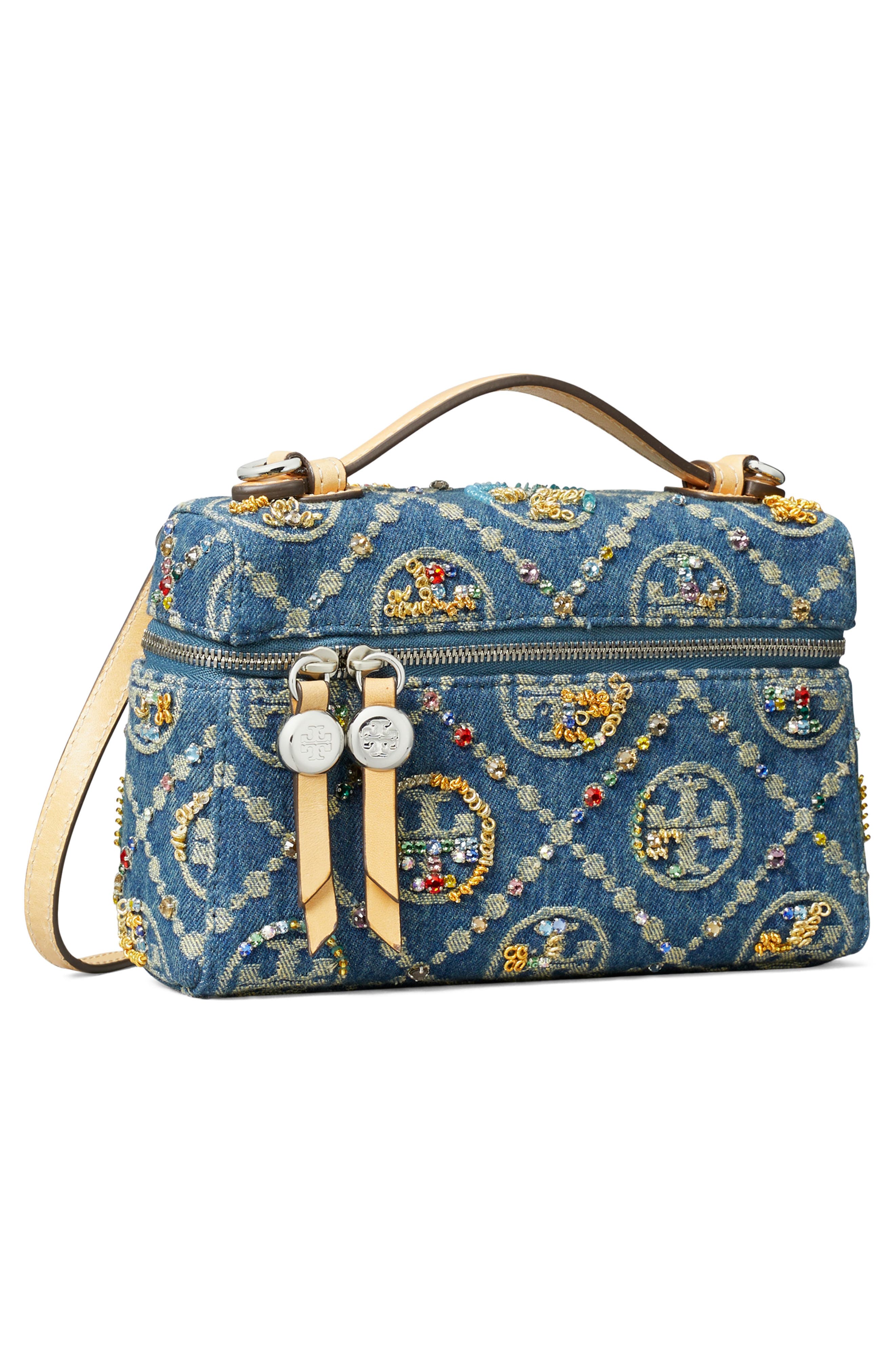 Romy T Monogram Embellished Denim Slim Handbag, Alternate, color, DEEP ROYAL
