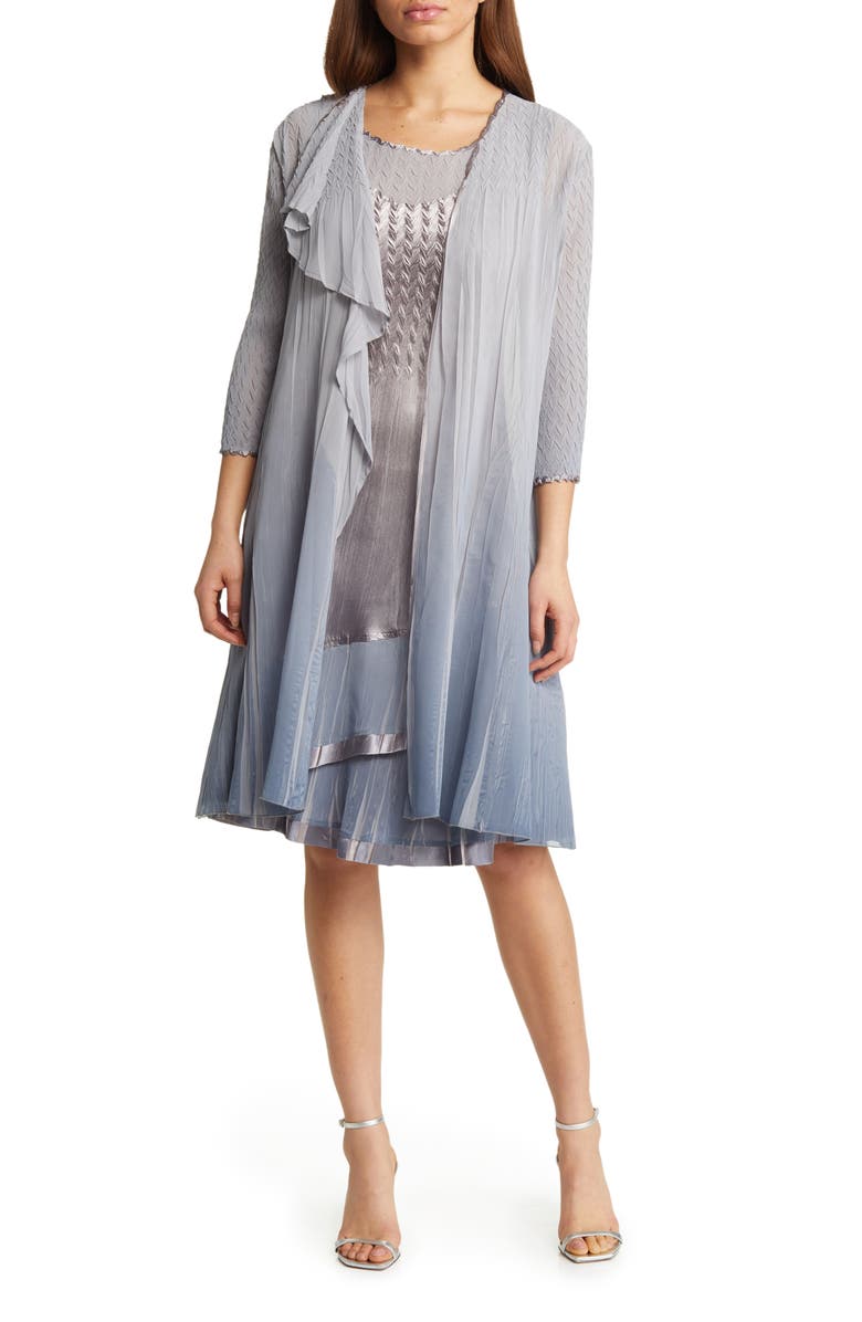 Komarov Charmeuse & Chiffon Cocktail Dress with Duster Jacket, Main, color, Silver Night Ombre