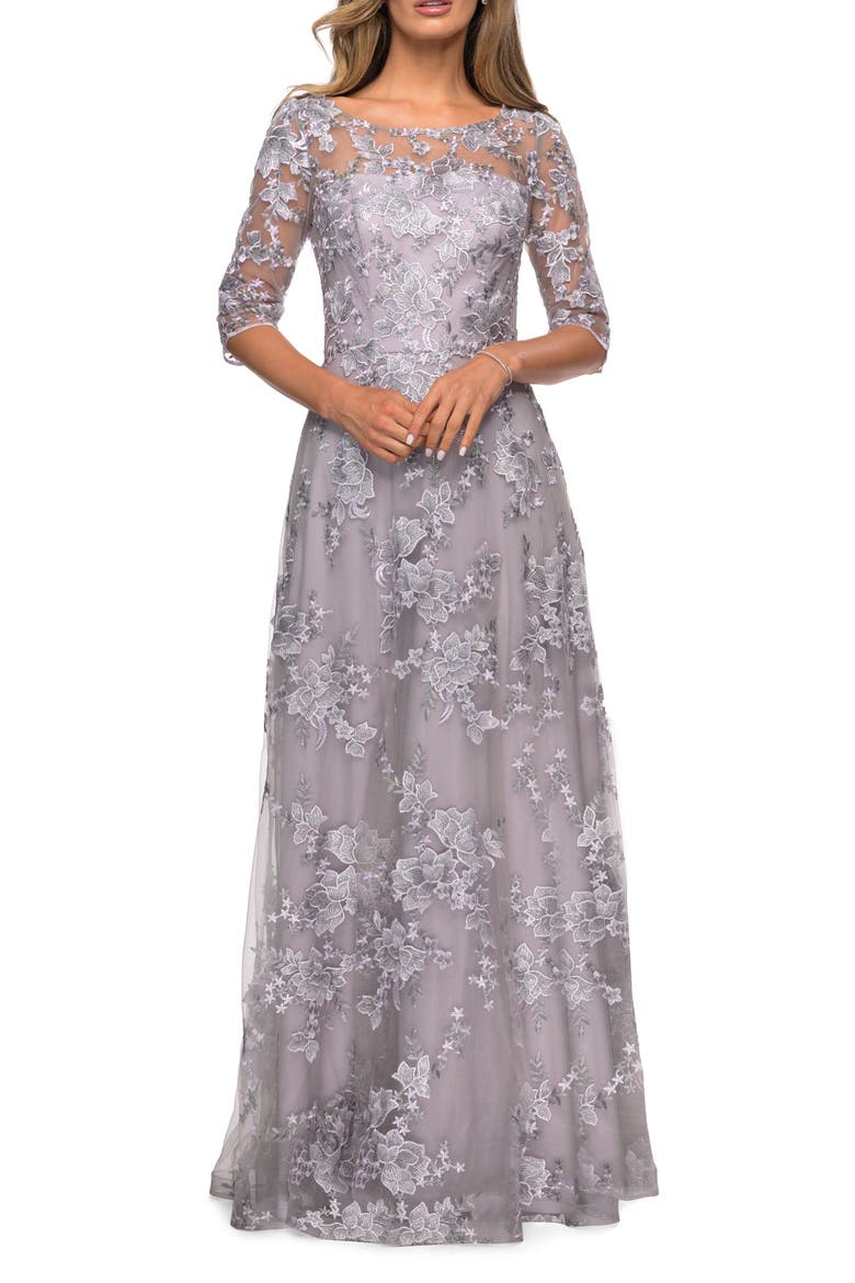 Cap Sleeve Long Evening Gown with Lace Detailing, Alternate, color, Lavender/Gray