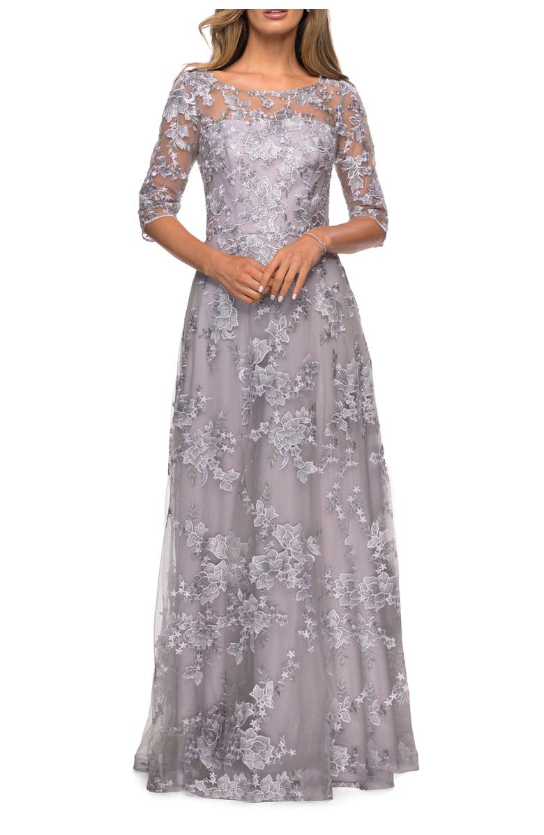 La Femme Cap Sleeve Long Evening Gown with Lace Detailing, Alternate, color, Lavender/Gray