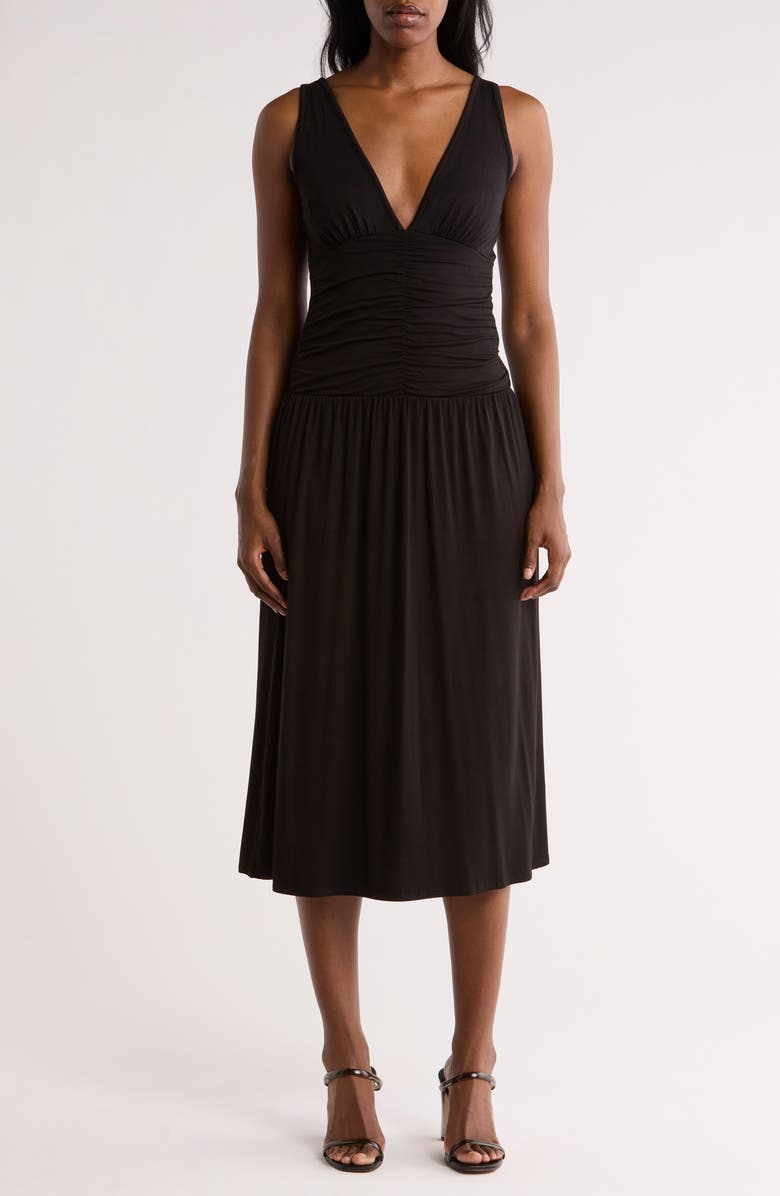 Loveappella Ruched Midi Dress, Main, color, Black