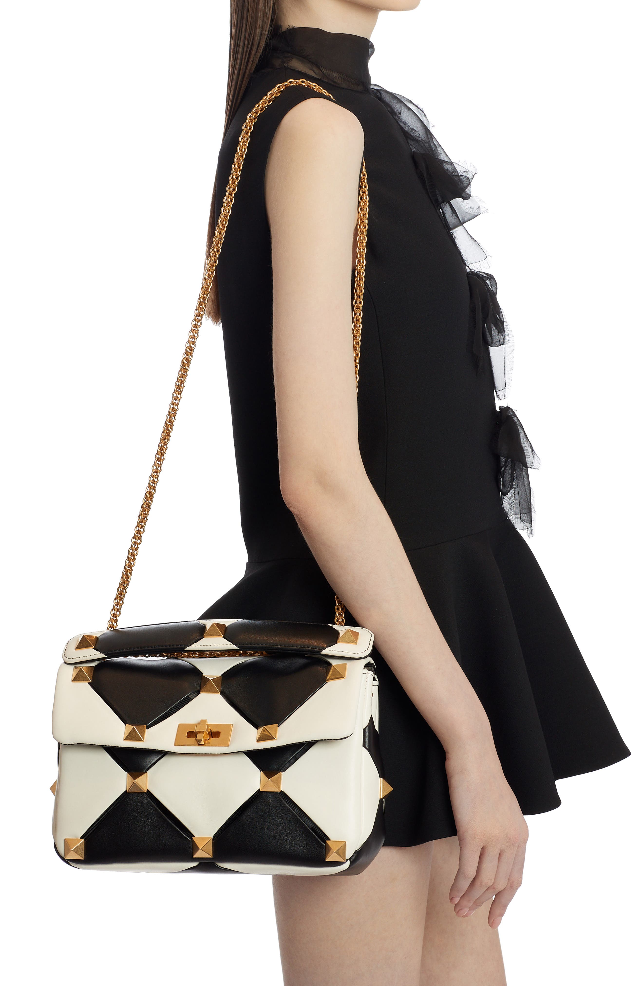 Valentino Garavani Large Roman Stud Carving Lambskin Top Handle Bag, Alternate, color, 