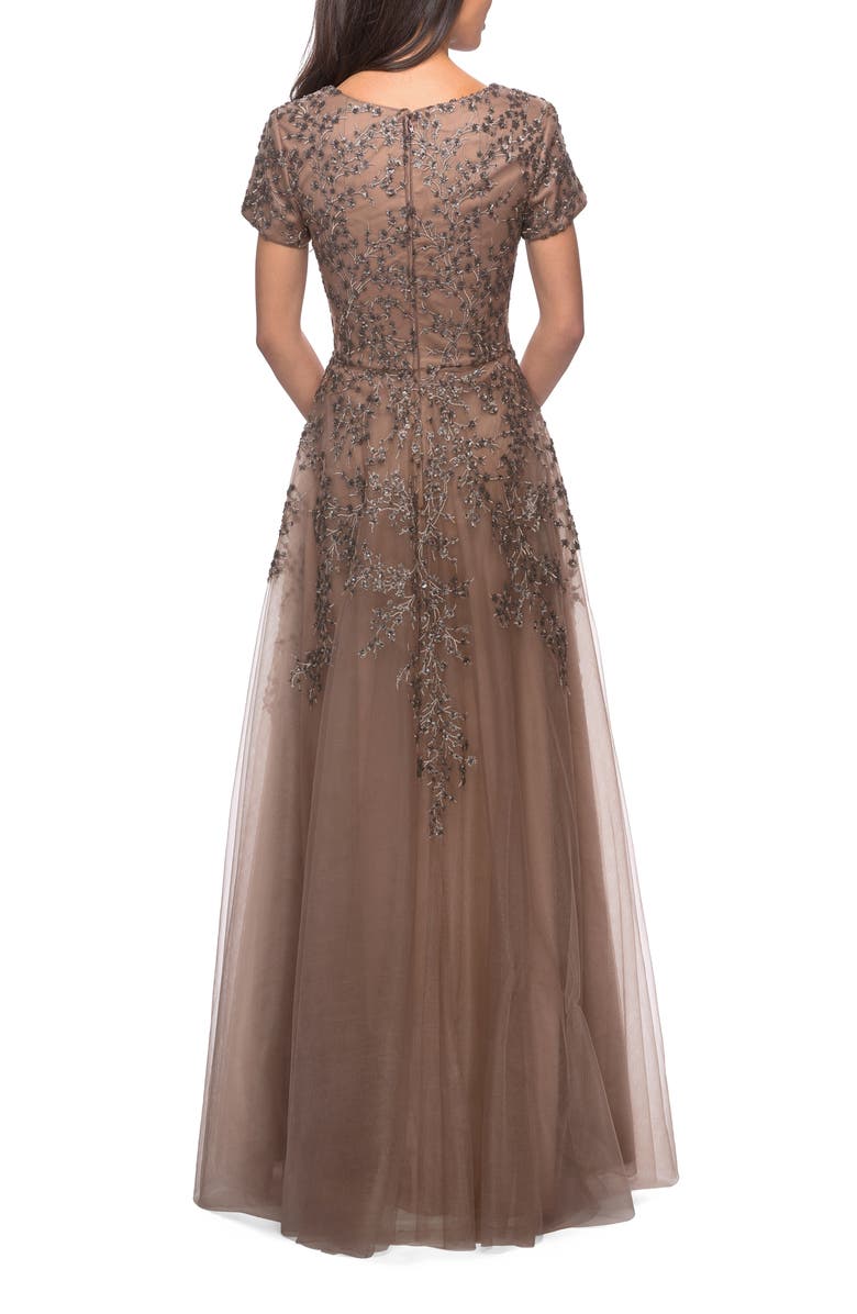 La Femme A-line Lace and Tulle Evening Dress with Beading, Alternate, color, Cocoa