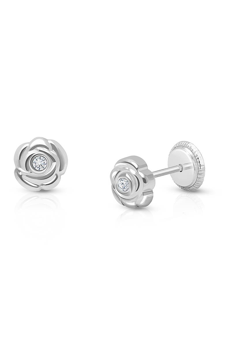 Tiny Blessings 14K Gold Blushing Rose Studs Screw Back Earrings, Main, color, 14K White Gold