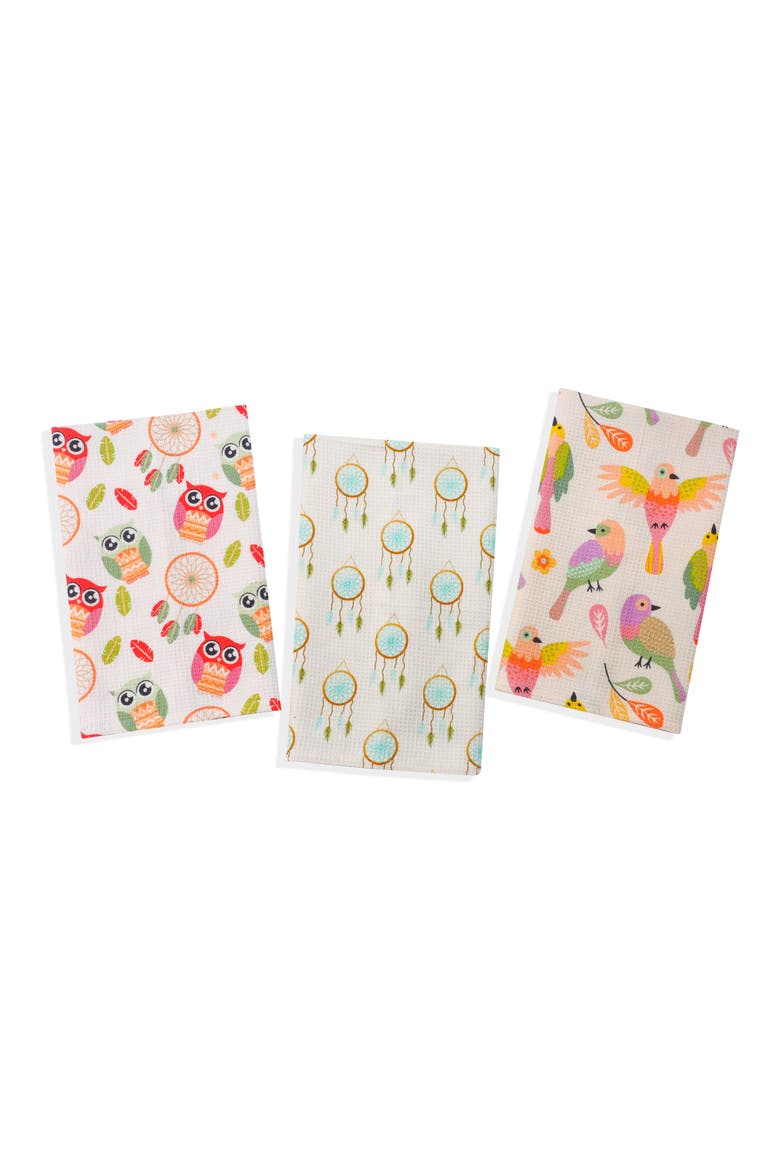 Dreamcatcher Set of 3 Kitchen Towels, Main, color, CREAM/ TEAL/ CORAL/