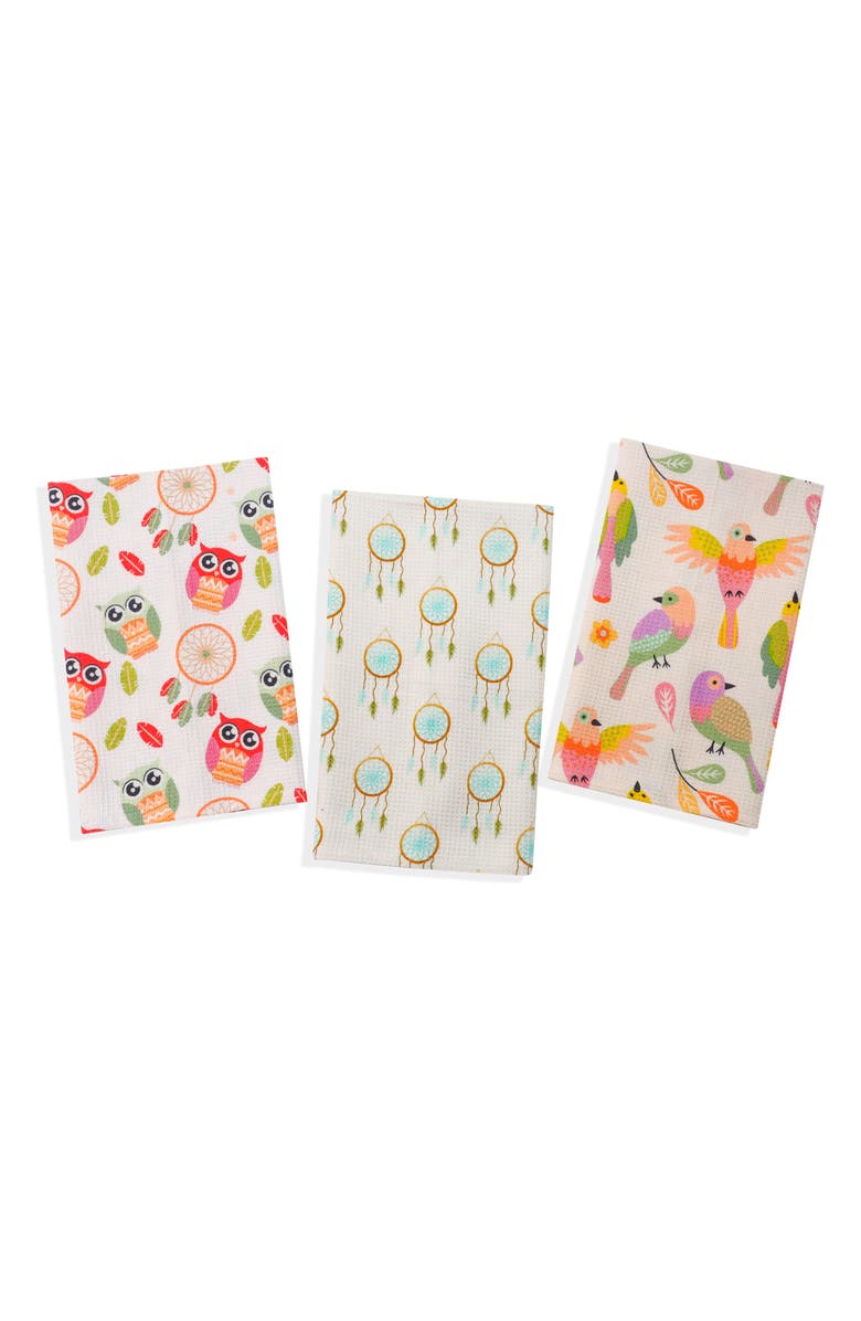 Tiramisu Dreamcatcher Set of 3 Kitchen Towels, Main, color, Cream/ Teal/ Coral/