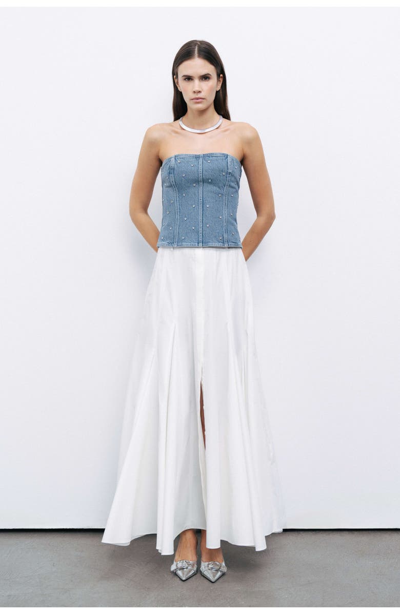 Nocturne Stoned Strapless Denim Crop Top, Main, color, 