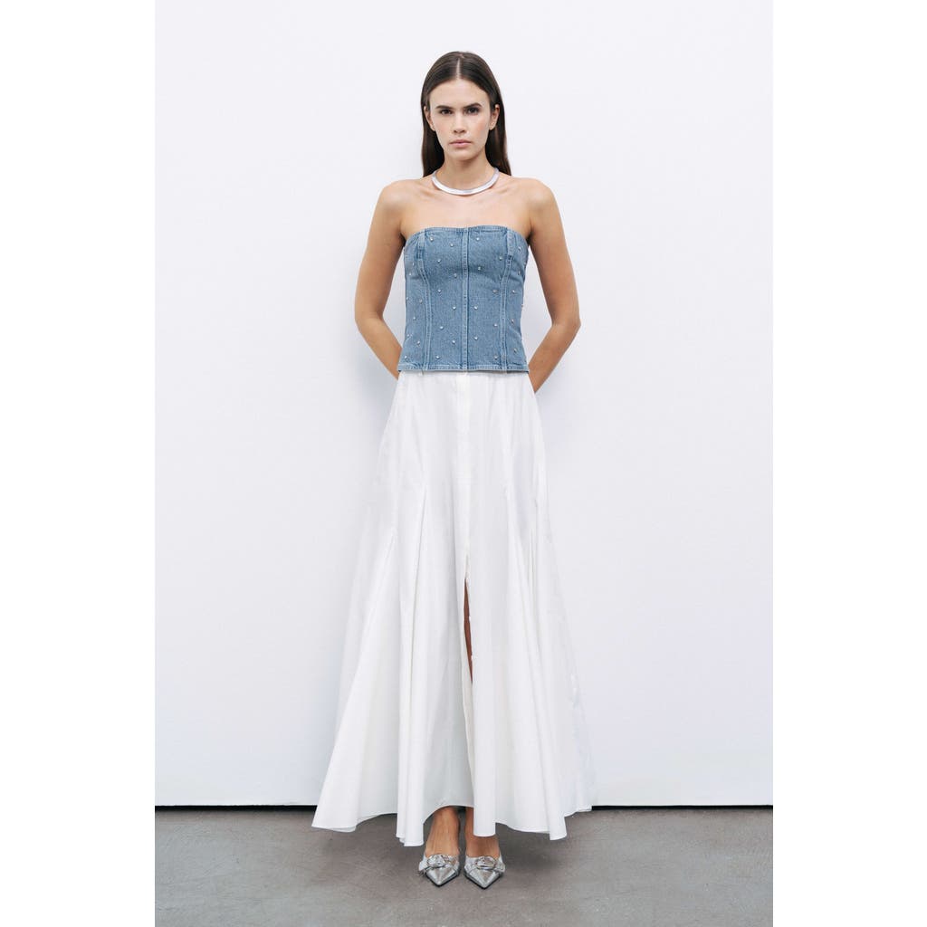Nocturne Stoned Strapless Denim Crop Top In Indigo Blue