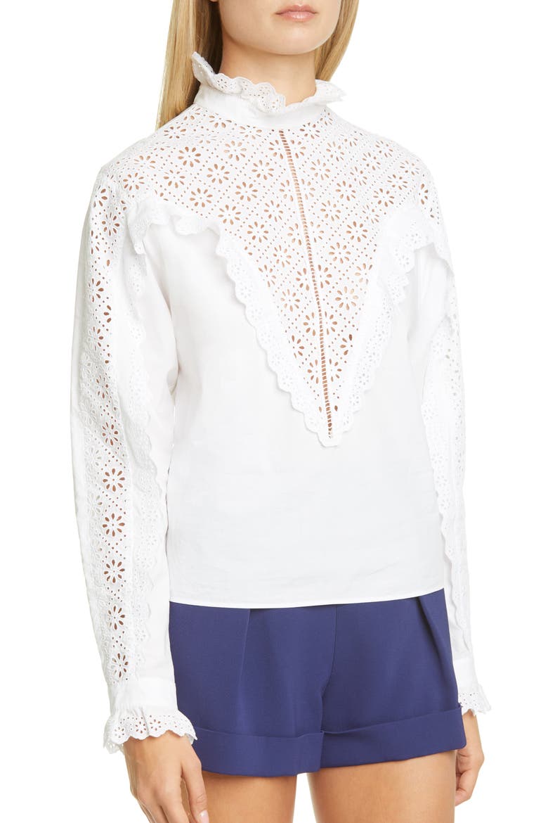 Eyelet Ruffle Cotton Poplin Blouse, Alternate, color, 0001 WHITE