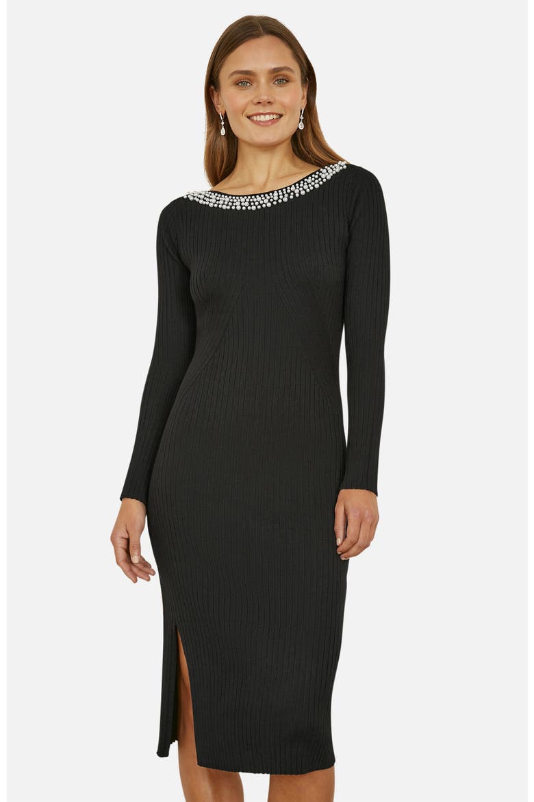 Bedazzled Neck Fitted Midi Knitted Dress, Alternate, color, Black