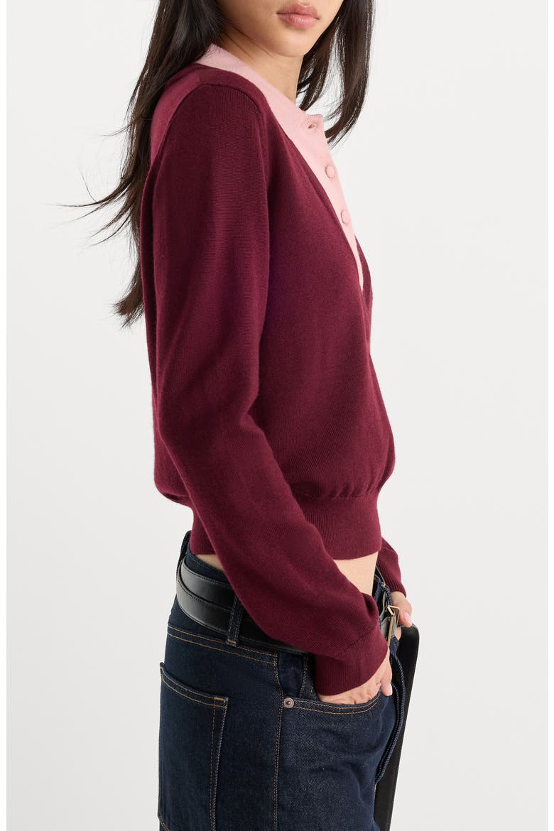 The Two-in-One Merino Wool V-Neck Sweater, Alternate, color, BERRY NOIR WITH BLUSH