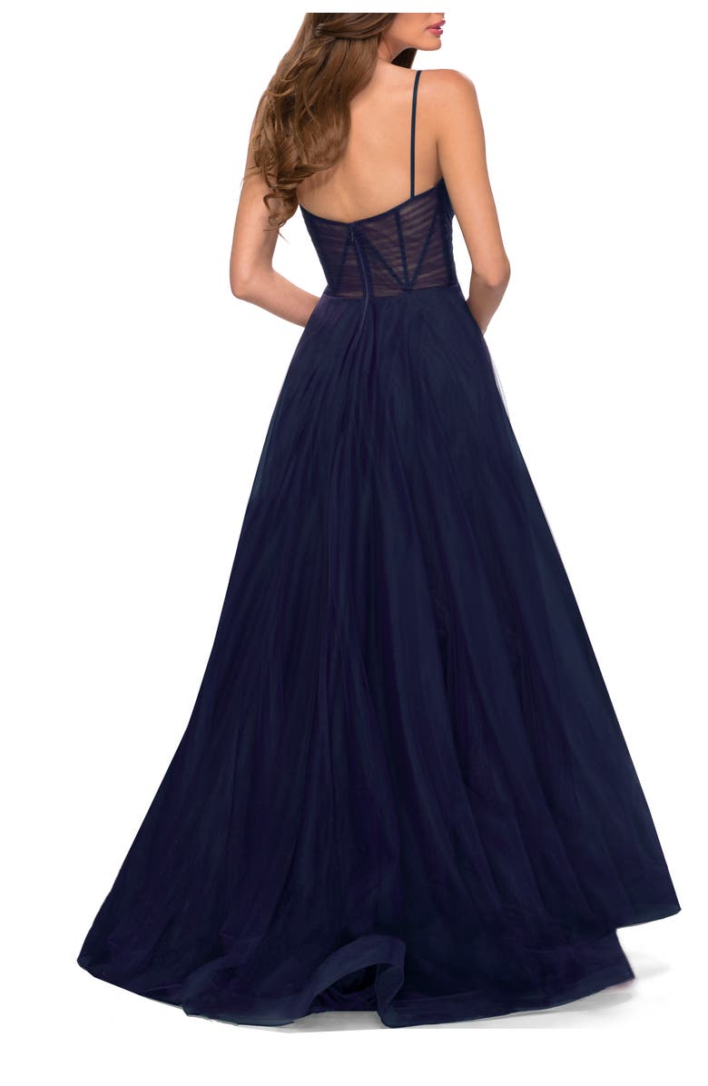 La Femme A Line Tulle Prom Dress with Sheer Bodice, Alternate, color, Navy
